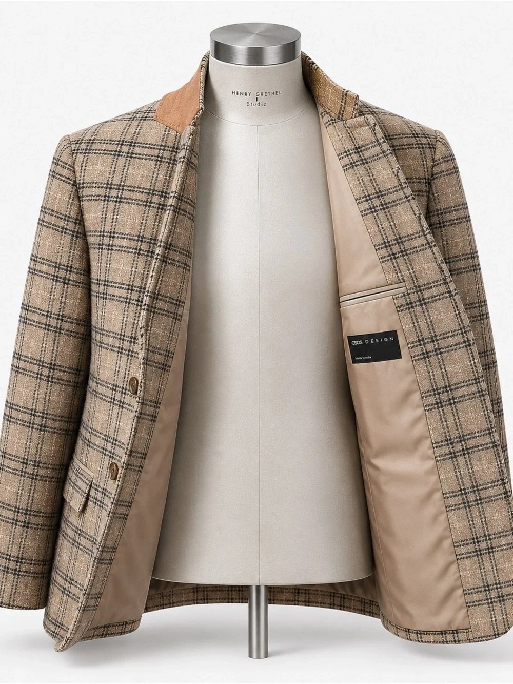 ASOS Beige Plaid Sport Coat with Black Windowpane and Tan Collar